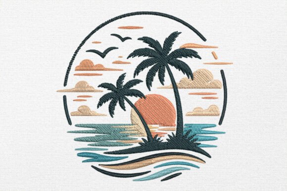 Tropical Sunset Palm Circle: A Paradise Embroidery